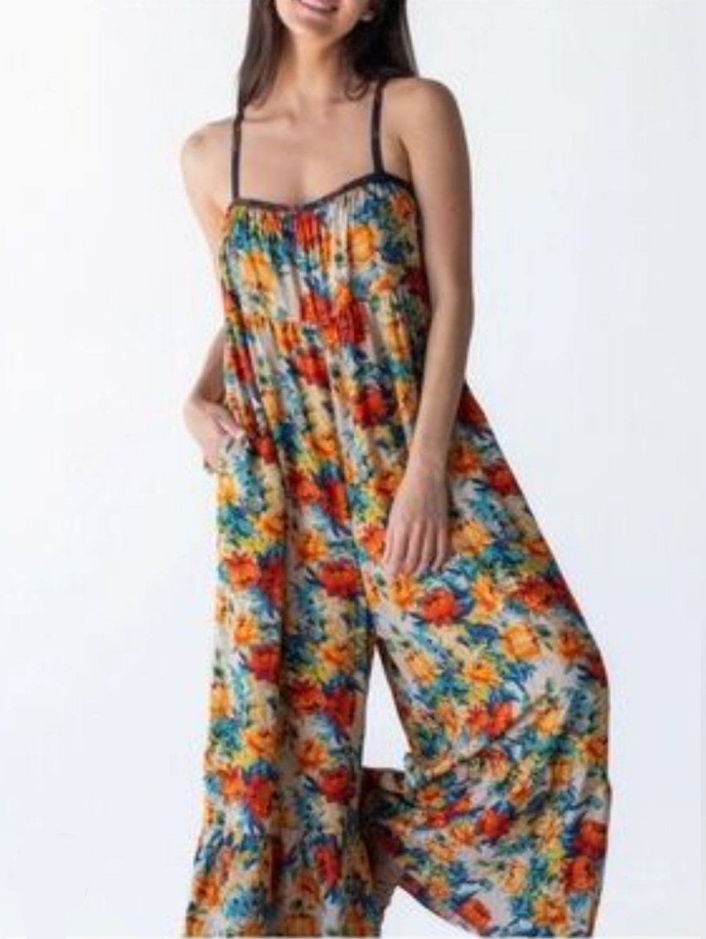 NATURAL LIFE Cream Floral Wide-Leg Jumpsuit with Red & Yellow Blooms - Picture 2 of 5
